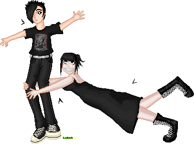 EMO LOVE! Or The Glomp. Whichever. Pixel of Bridie attacking Emo Matty. She's obsessed. Traced from a drawing I did 100% done by ME