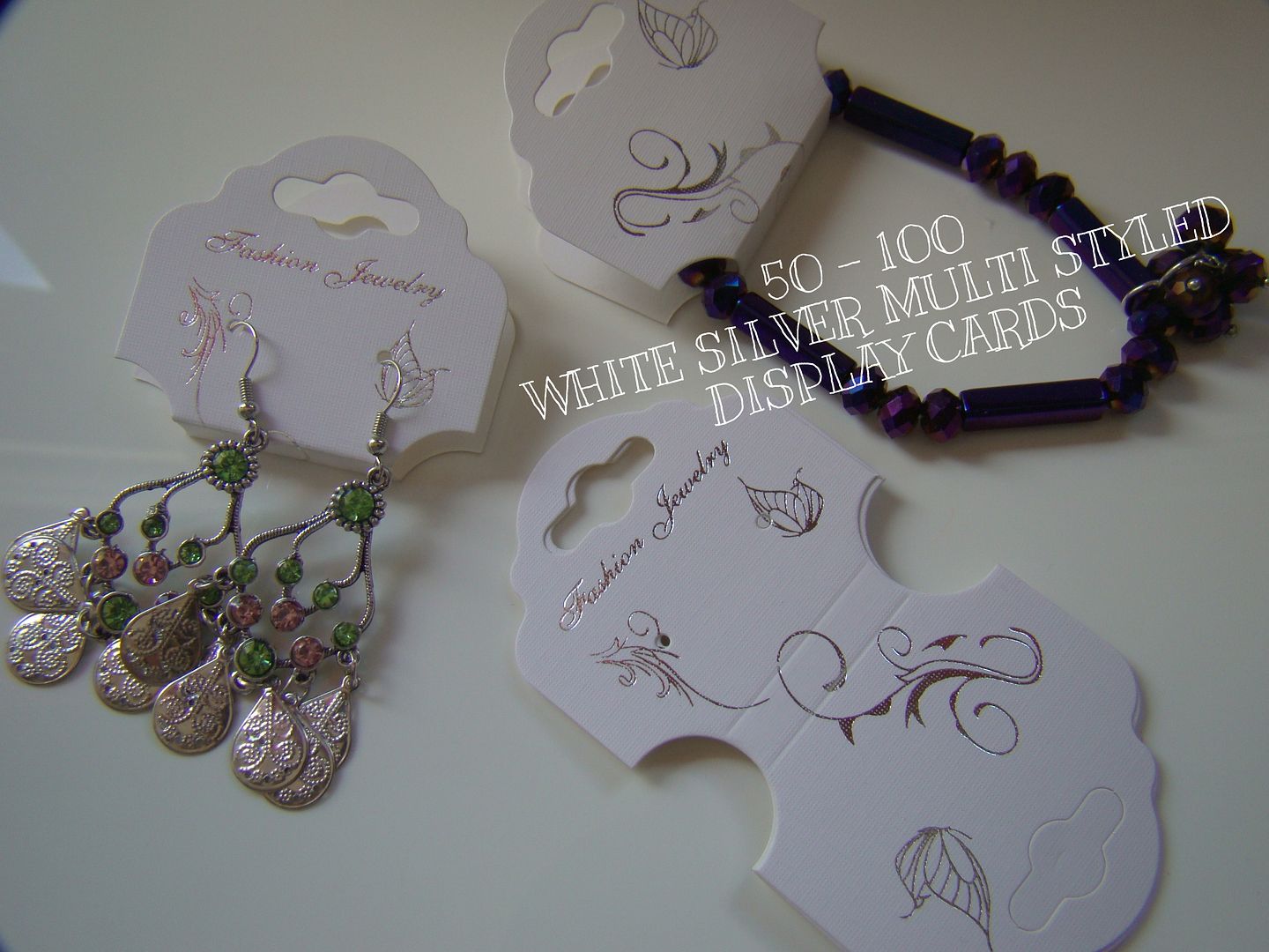 50/100 WHITE SILVER HANGING JEWELLERY DISPLAY CARDS EARRINGS NECKLACES